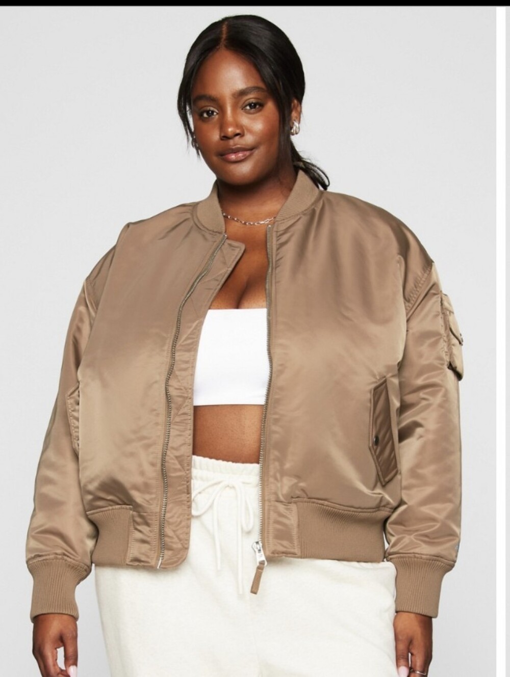 Plus Size Satin Bomber Jacket in Taupe